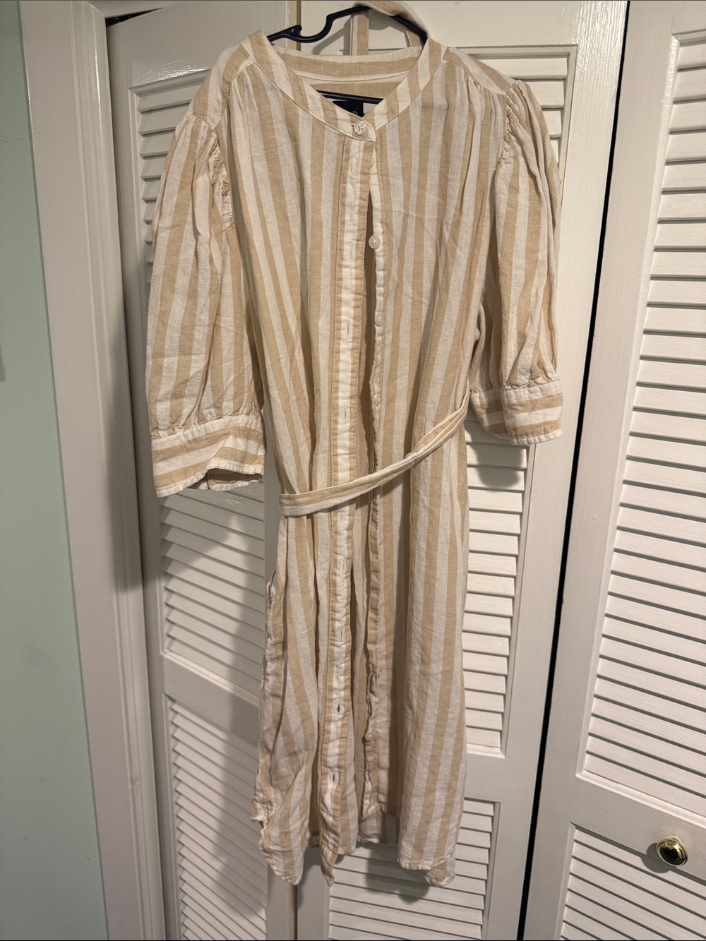 Striped Button-Front Dress with Belt - Cream & Tan